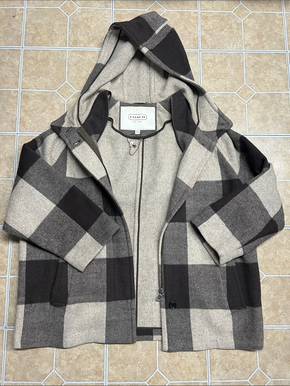 Coach Hooded Plaid Wool-Blend Pea Coat in Brown & Gray
